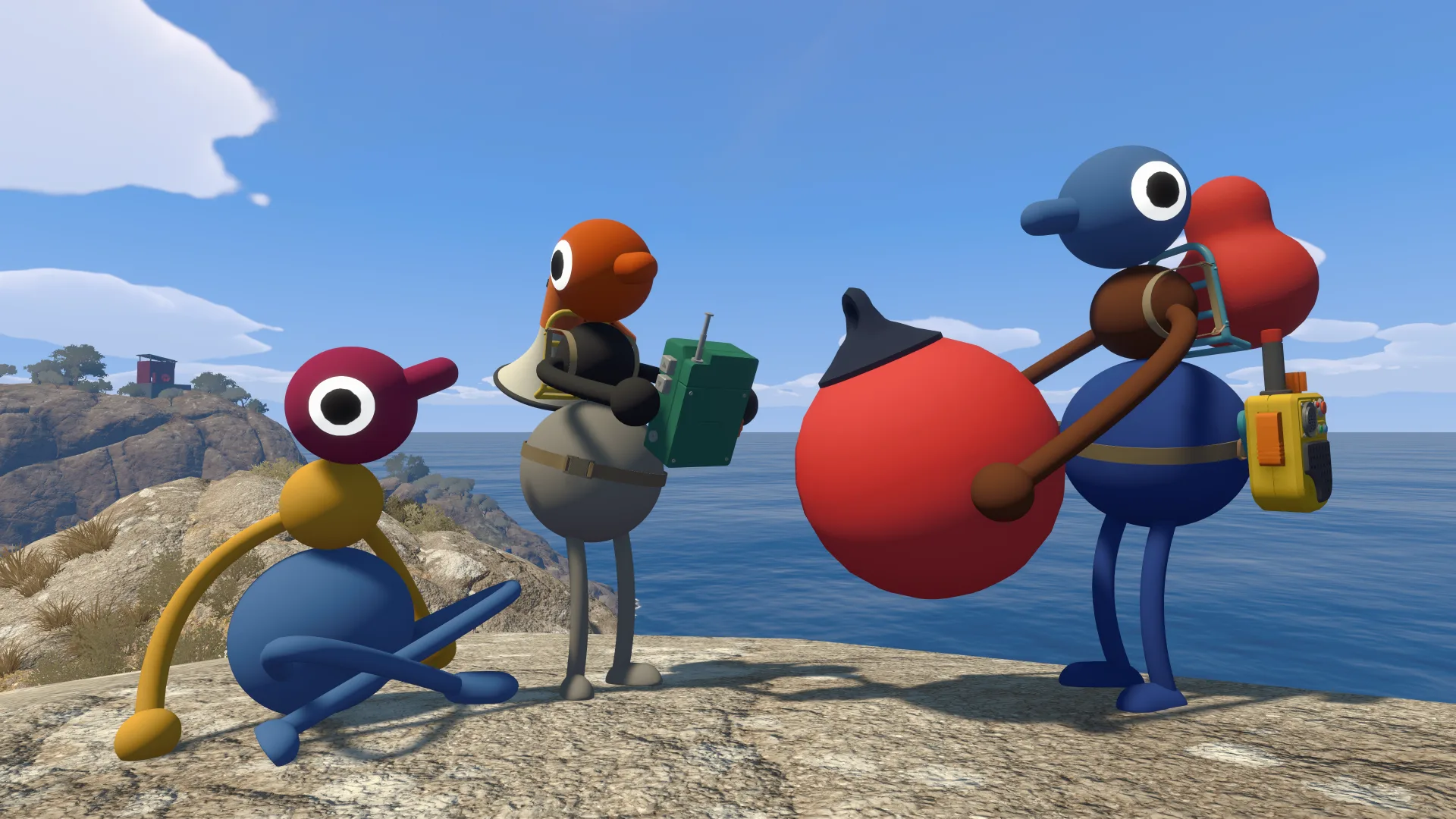 Four colorful Big Walk characters gathered on a rocky coast