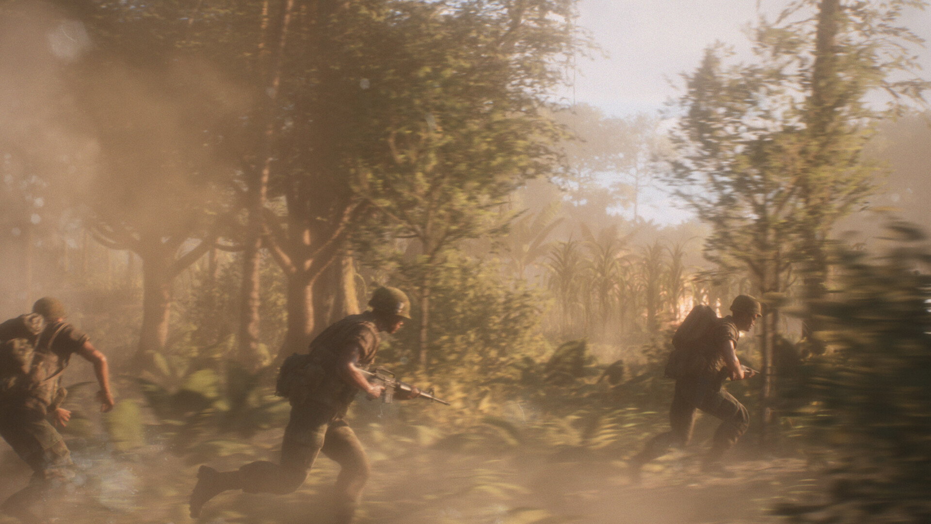 Official Hell Let Loose Vietnam screenshot showing squad members running through jungle terrain